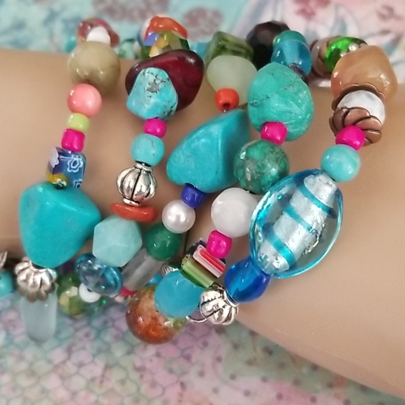 NWT Hand Crafted Semi Precious  Stone Glass Vintage Bead Wrap Bracelet - Picture 11 of 16